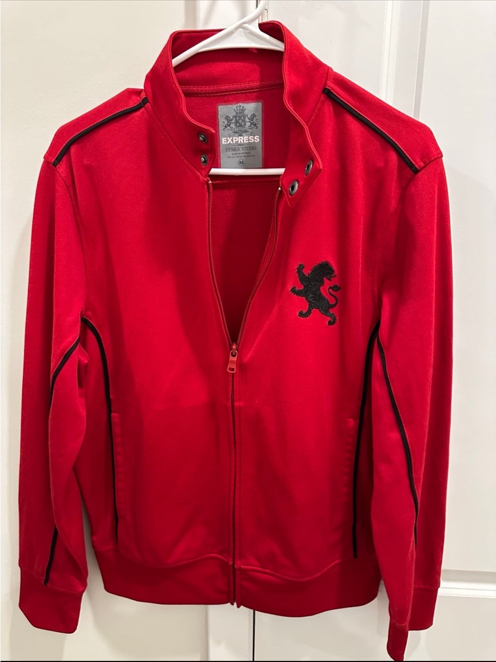 Express Mens Red Track Jacket with Black Lion Crest